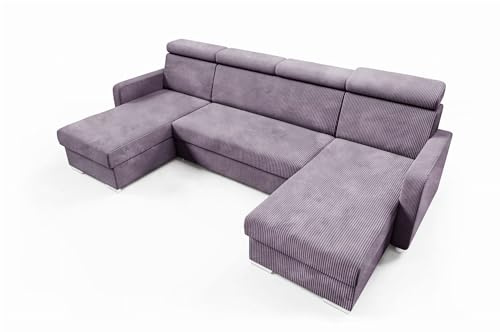 LIKMA Hellviolett Ecksofa Mako U-Form 274x165 cm mit Schlaffunktion (254x125 cm) Eckcouch mit Bettkasten und Verstellbare Kopfstützen Wohnlandschaft Bettsofa mit Stauraum Polstermöbel Sofa 4 Sitzer