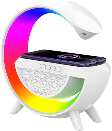 Bluetooth Speaker, Dimmable G-Shaped Portable Wireless Bluetooth Speaker with RGB Lights, Hands Free Calls and 10W Wireless Charging Outdoor Speaker, Support FM/USB/TF/AUX for Home, Travel, Party