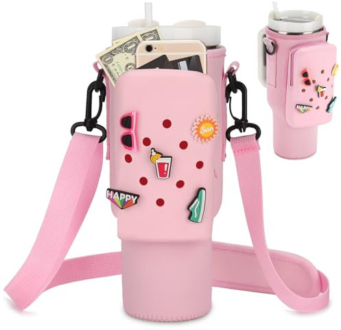 Erogeen Water Bottle Carrier Bag with Silicone Phone Pocket & 5 Charms for Stanley Cup 40 oz, Neoprene Water Bottle Holder Tumbler Pouch with Adjustable Strap (Pink)