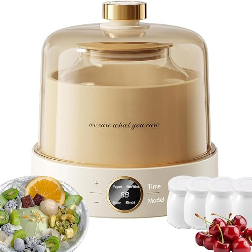 Yogurtera, máquina para Hacer Yogur de 15 W con Temporizador Ajustable de 8~12 h y Control de Temperatura Constante, 4 Vasos de Cristal, yogurtera de Vidrio/Acero Inoxidable con Panel táctil LED