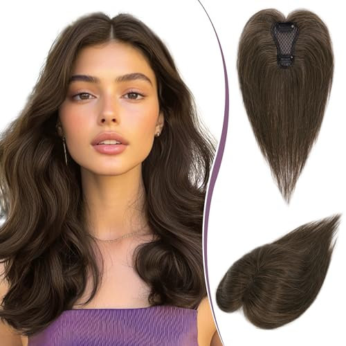 RUWISS Haar Toppers für Frauen Echthaar Topper Leichtes Braun Clip in Haarteil für Dünner Haar Oberkopf Flauschiger Glatter Hair Topper ohne Pony