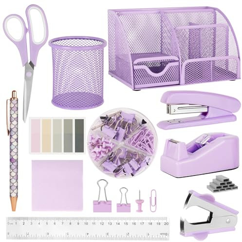 OFFCUP Büroartikel Set, Schreibtisch Set, Schreibtischzubehör mit Schreibtisch Organizer Entklammerer Heftklammern Heftklammerentferner Tesafilm Abroller Schere Clip Haftnotizen Kugelschreiber -Lila