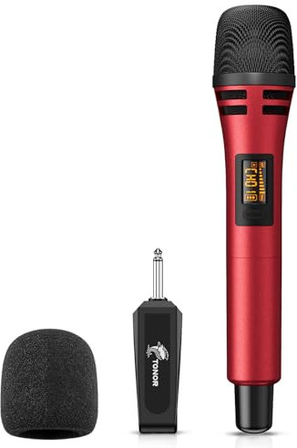 TONOR Red Wireless Karaoke Microphone with Rechargable Receiver, 200ft. Range, 5 Adjustable Channels, for Devices with 6.35mm Audio Interface, DJ Mixer, Speaker, Amplifer, Karaoke Machine