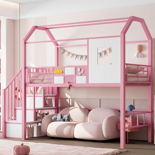YuQozii Metall-Hochbett 90x200 mit Dachkonstruktion und Stauraumtreppe, Rosa