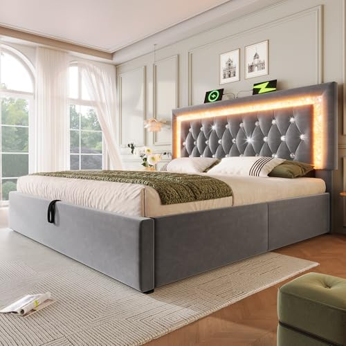 LTGB 4ft6 Upholstered Double Bed, Velvet Hydraulic Storage Bed with LED Lights & USB Type-C Charging, Adjustable Diamond Tufted Headboard, 135x190 cm, Gray (No Mattress)