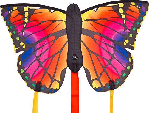 HQ 106543 - Butterfly Kite Ruby L, Kinderdrachen Einleiner, ab 5 Jahren, 80x130cm und 2x600 cm Drachenschwanz, inkl. 17kp Polyesterschnur 40m auf Spule, 2-5 Beaufort