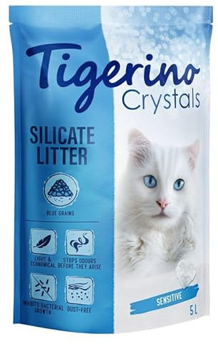 Tigerino - Crystals Katzenstreu 5L bunt | Blau | Sensitive, parfümfrei | für geruchssensible Katzen | staubfrei, stark absorbierfähig und ergiebig | Ohne Duftstoffe