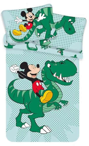 Lenzuola Dinosauro lettino verde - Biancheria da letto per bambini dinosauro Disney con Topolino - Lenzuolo reversibile dinosauro per culla - Completo letto Topolino misura 100 x 135 cm, 40 x 60 cm