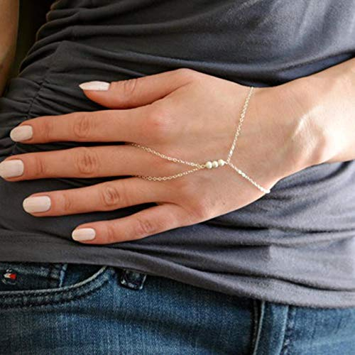 Yienate Modisches Perlen-Fingerring-Armband, Handkette, Handgeschirr, zierliche drei Perlenperlen, kurzes Sklavenarmband für Damen und Mädchen, 1 Count (Pack of 1), Silber