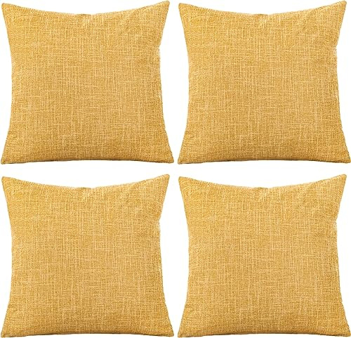 GONOVE Cushion Covers 55×55cm Solid Soft Cotton Linen Throw Pillow Cover Set of 4 Decorative Plain Pillowcase Square Cushion Cover for Home Sofa Bed Chair Décor, Yellow