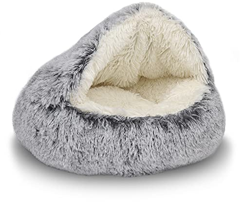 ShinHye Rundes Plüsch-Katzenbett mit Kapuze, gemütlich, für Indoor-Katzen oder kleine Hunde, wasserdichte Unterseite, waschbar, 66 x 66 cm, Grau