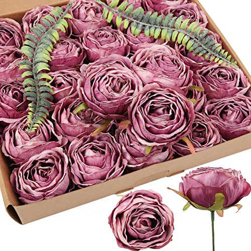 IPOPU Künstliche Violette Blumen, 25 Stück, künstliche Rosen, Kunstblumen, getrocknete Seidenblumen, künstliche Rosenköpfe für Blumenstrauß, künstliche Blumenarrangements (lila)