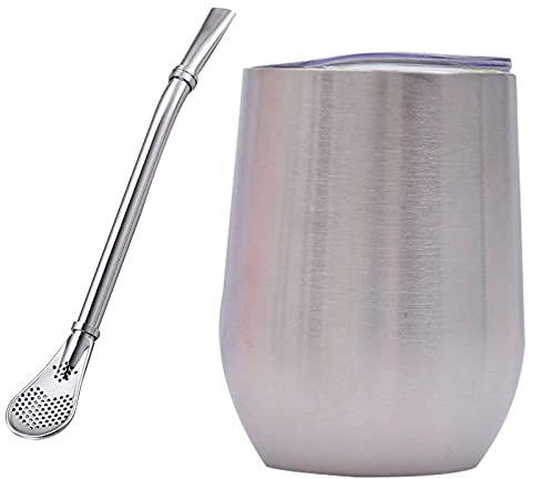 LTLWSH Set Mate Argentino para Yerba Mate - Kit Mate de Vaso para Mate Pared Doble de Acero Inoxidable - Incluye Bombilla Mate y un Cepillo para Limpiar la Bombilla (360 ml)