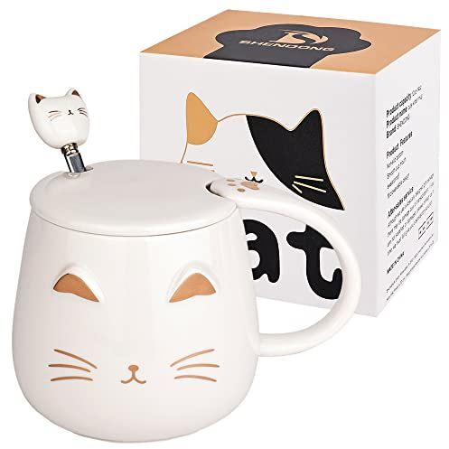 Weiße Katzen-Tasse Süße Kaffeetasse aus Keramik mit Kawaii-Deckel und schönem Edelstahllöffel Neuheit Morning Cup Kaffee-Milch-Tee-Becher- 3D-Tier Katzen-Tassen für Katzenliebhaber Frau Geschenke