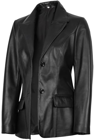 fjackets Chaquetas de cuero para mujer, abrigos de piel de cordero real para mujer, chaquetas de cuero elegantes para mujer para negocios e informales, Vicnza - Chaqueta blazer de piel negra para