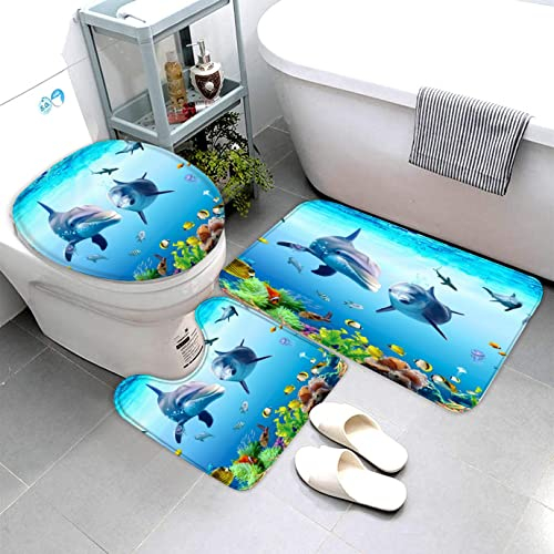 Lavnox Badematten Set 3D Delfin 3-teiliges Absorbierend Flanell Badezimmerteppich-Set 50x80cm, Wasserlebewesen Badteppich Schnell Trocknend Weich Badvorleger mit WC Deckelbezug
