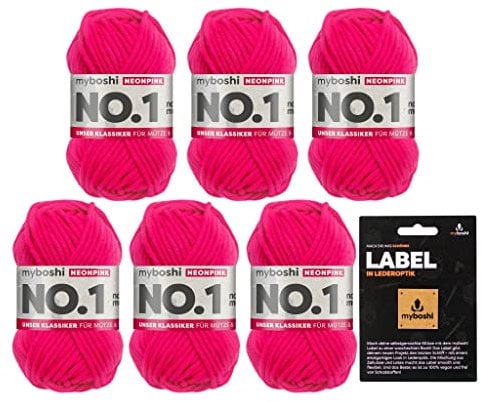 myboshi No.1 Wolle zum Häkeln und Stricken, Schnellstrickgarn, langlebige Mützenwolle, Strickwolle, Häkelwolle, mulesing-frei, Ll. 55m /50g, 30% Wolle (Merinowolle) Neonpink 6 Knäuel