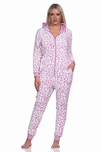 Normann Damen Schlafanzug Einteiler Jumpsuit Overall aus Coralfleece im Animal Look