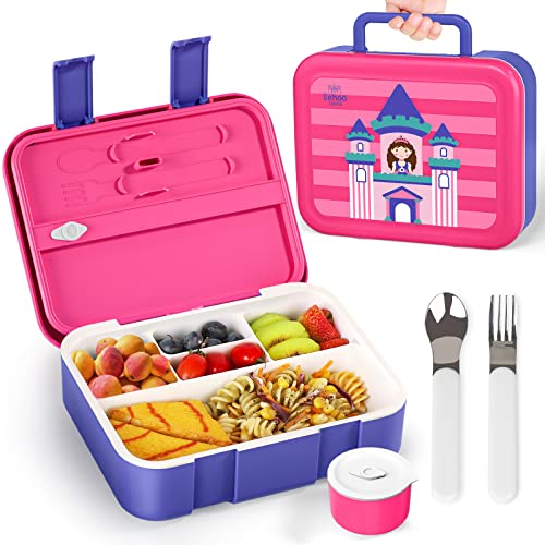 Lehoo Castle Bento Lunch Box for Kids, 1250ml Bento Box Lunch Containers with 5 compartments, Kids Bento Lunch Box with Sauce Jar/Spoon & Fork (Princess), Rose Pink+purple