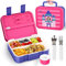 Lehoo Castle Bento Lunch Box for Kids, 1250ml Bento Box Lunch Containers with 5 compartments, Kids Bento Lunch Box with Sauce Jar/Spoon & Fork (Princess), Rose Pink+purple