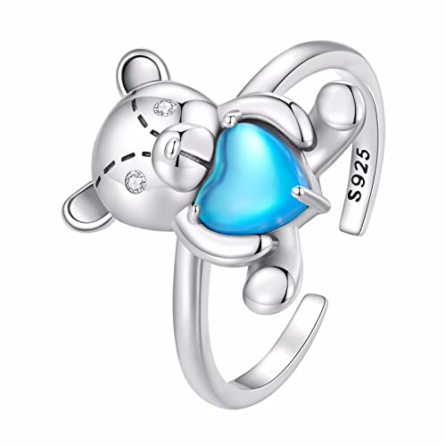 Qings Verstellbarer 925 Sterling Silber Ring - Niedlicher Teddybär Offener Ring Mit Blauem Liebesherz - Einstellbarer Tiere Schmuck Geschenk für Damen