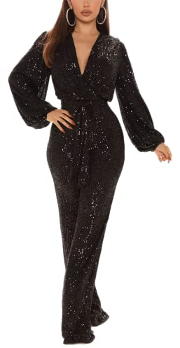 TOSHIKII Pailletten-Overall mit V-Ausschnitt, glitzernder Playsuit für Damen, schwarzer Pailletten-Overall für Damen S-XXL