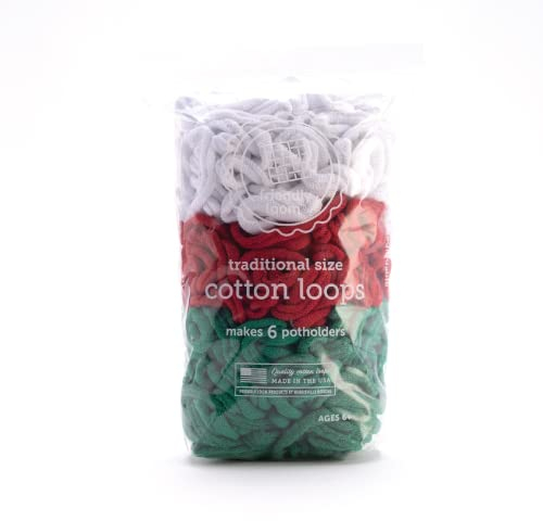 Lotta Loops by Friendly Lom - Bright Holiday Pack (Traditional Size) White, Red, Green Cotton Loops Makes 6 Potholders Approx 6 x 6 by Harrisville Designs Made in The USA