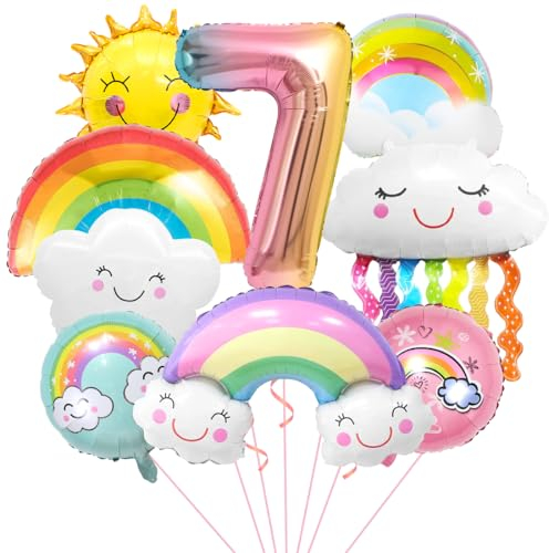 Regenbogen Geburtstagsdeko 7, Folienballon Wolken, Zahl 7 Ballon, Luftballons Wolken Quasten, Helium Ballon Sonne, für Jungen Mädchen Geburtstag Party Dekoration