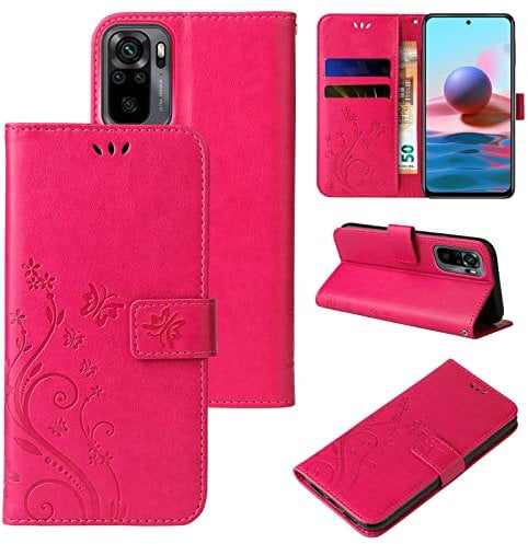 LBH Handy Hülle für Xiaomi Redmi Note 10 Case Handytasche Schmetterling Blumen Flower Standfunktion Schutzhülle Magnet Rundum Schutz 360 Grad Flipcase Cover Pink