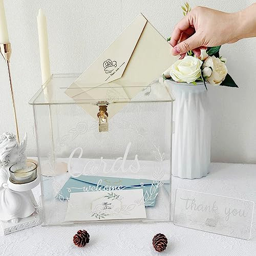 Eummy Acrylic Wedding Card Box with Lock & Slot Sturdy Transparent Money Post Box Holder Decorative Gift Card Envelop Collection Boxes with Sign for Wedding Party(A)