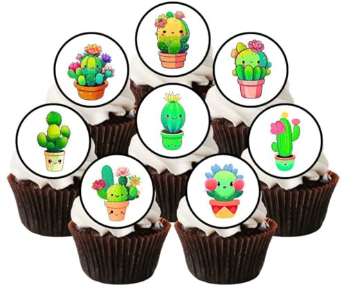 PRECUT Kawaii Cactus Edible Cupcake Toppers - Cute Kawaii Cactus Theme - wafer card disc cake decorations (Pack of 12)