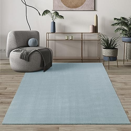 Mia's Teppiche Comfort Moderner Flauschiger Kurzflor Teppich, Anti-Rutsch Unterseite, Waschbar bis 30 Grad, Super Soft, Felloptik, Blau, 120 cm Rund