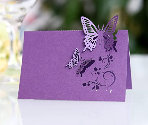 SYSUII Tischkarten Namenskarten 50 Stück Laser Schnitt 3D Schmetterlinge Platzkarten Blanko Namenskarten Hohle Sitznummernkarten für Hochzeit Geburtstag Kommunion Präsentationen DIY Tischdeko -Lila