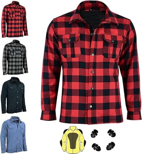 Vaster Moto Motorradhemd für Herren, aus Kevlar-Futter, verstärkte Motorradjacke, abnehmbare Protektoren, CE (EN 17092-3:2020), Rot & Schwarz, M