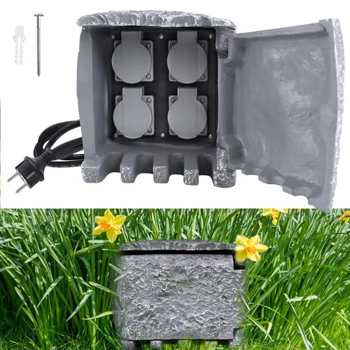 YRHome Steinoptik Gartensteckdose mit 4 Steckplätzen & Erdspieß Außensteckdose Mehrfachsteckdosen Steinsteckdose mit 1,5 m Kabel Universalstecker Garten-Steckdose Aussen IP44 Wasserdicht Grau