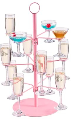 Cocktail Tree Stand, Wine Glass Flight Tasting Display For Drinks, 3 Tier - 12 Holders Champagne Tower Stand For Champagne, Cocktails, Martini, Margarita Cups at Weddings, Bridal Shower (Pink)