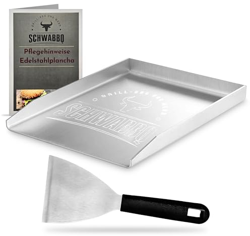 Schwabbq´s Edelstahl Plancha Grillplatte für Gasgrill & Holzkohlegrill aller Grill Marken (400x300mm, 4mm dick) - Grillplatten universal kompatibel - Bratplatte für Burger, Pancakes, Spiegelei & BBQ