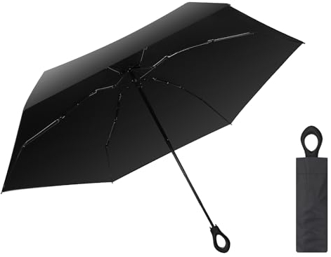 JIZZU Mini Faltender Regenschirm, Faltender Taschenschirm, Reise Regenschirm UV Schutz, Sonnenschutz Klein mit Ringgriff für Damen Kinder, Schwarze