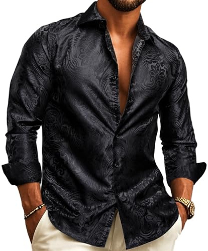 Barry.Wang Men Dress Shirt Silk Luxury Paisley Floral Long Sleeve Big and Tall Wedding Party Casual Business Formal Shirts
