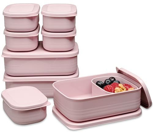 Hausfelder Brotdosen Lunchbox-Set, 3x900ml + 6x280ml, 9er Set Brotdose mit Fächern für Kinder und Erwachsene, einsetzbar als Butterbrotdose, Brotzeitbox (Pink, 3 x 900ml, 6 x 280ml)