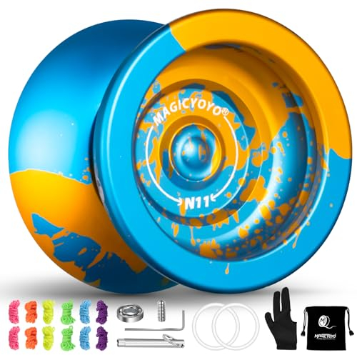 N11 JoJo Profi reaktionsschnelles JoJo für Anfänger, Doppelzweck-JoJo für Kinder/Erwachsene, Tricks JoJo mit Unresponsive-JoJo Lager Kit, 12 JoJo-Saiten + JoJo-Handschuh + JoJo-Tasche - Blau Golden