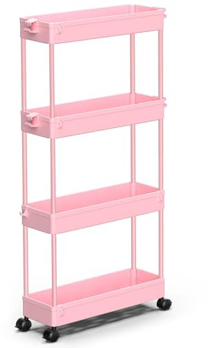 SPACEKEEPER Schmaler Rollwagen mit 4 Etagen, Badezimmer-Organizer, Mehrzweckwagen, mobiles Regal, Turm-Regal für Küche, Waschküche, Badezimmer, schmale Orte, Rosa