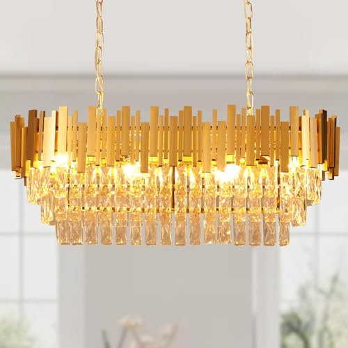 Depuley 31’’ Modern Vierkantrohr kronleuchter gold, deckenleuchte kristall, 6-Tier kronleuchter vintage,8*E14 für Esszimmer, Schlafzimmer, Wohnzimmer und Korridor (Inklusive E14 Glühbirne