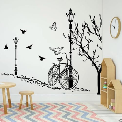 SHELOG Autocollant mural d'automne en vinyle pour vélo, lampadaire, arbre, oiseau, salon, chambre d'enfants, vélo, vue sur la ville, chambre à coucher