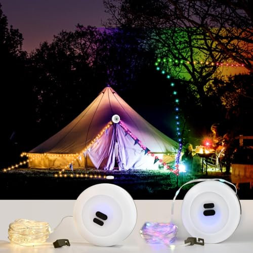 iodoo Wasserdichte Tragbare Verstaubare Lichterkette für den Außenbereich, Camping Lichterkette, Perfekt für Outdoor-Zeltstimmung, Wiederaufladbaren Anpassbarem Farbwechsel (RGB Licht+Warmes Licht)