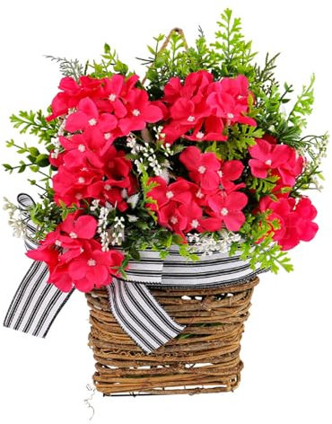 Corona para Puerta de Entrada con Flores de Geranio, Cesta para Colgar en la Puerta, Corona Artificial de Hortensias Rojas, Cesta Colgante para Patio, Césped, Jardín, Decoración de Primavera Y Verano