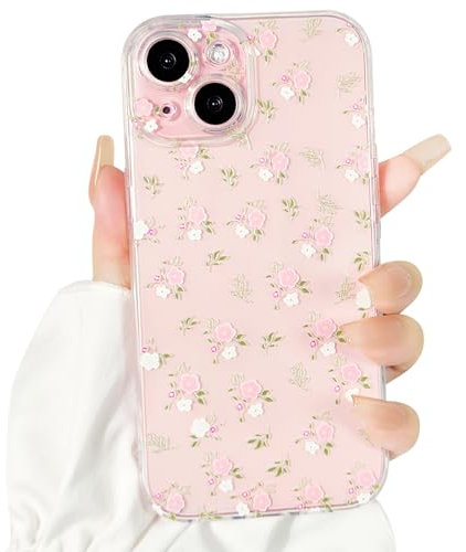 NITITOP Compatible with iPhone 15 Case Cute Clear Little Pink White Flower Floral Pattern Design for Girls Women Soft TPU Shockproof Protective Phone Cover Girly - Little Pink Flower
