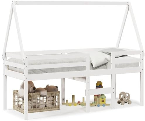 Homgoday Hochbett mit weißem Dach, 75 x 190 cm, aus Kiefernholz, Bettrahmen, Bettrahmen, Rahmen für Wohnzimmer, Schlafzimmer