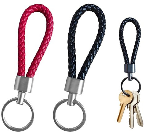 Lot de 2 porte-clés de voiture, en cuir tressé, porte-clés de vélo, porte-clés pour homme, femme, cadeaux de Noël, d'anniversaire (rouge noir), noir/rouge, 12x3cm