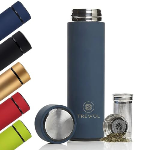 TREWOL Bouteille isotherme avec filtre infuseur en acier inoxydable à double paroi isolante sans BPA Bleu 500 ml